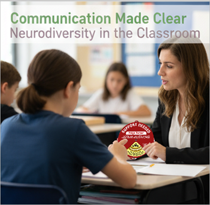 Teacher kneeling in front of a students desk holding a Neuro-Calm Flip Disk and in conversations with a student